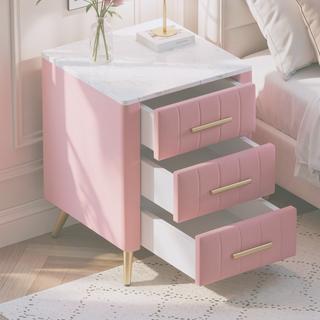 Sunvega Upholstered Wooden Nightstand with 3 Drawers and Marbling Worktop