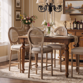 Sunvega French Style Solid Wood Frame Linen Fabric Oval Back Dining Chairs Set of 2