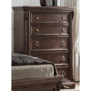 Sunvega Mahogany Finish Traditional Design 5 Drawer Chest with Custom Hardware