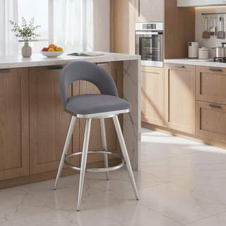 Sunvega Swivel Bar Stool with Gray Faux Leather Upholstery and Brushed Steel