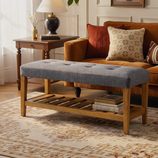 Sunvega Tufted Padded Seat Bench with Open Shelf for Contemporary Spaces
