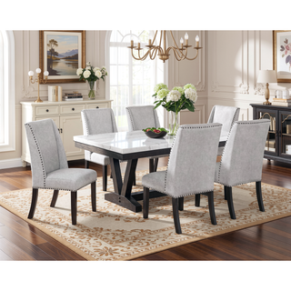 Sunvega Modern Dining Table with Genuine Marble Top and Black Trestle Base