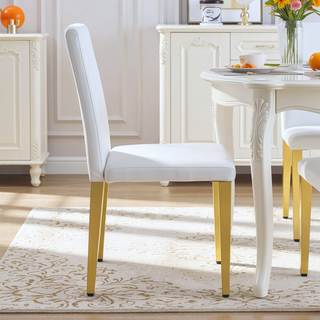 Sunvega Set of 4 White PU Leather Dining Chairs with Golden Metal Legs and Ergonomic Backrest