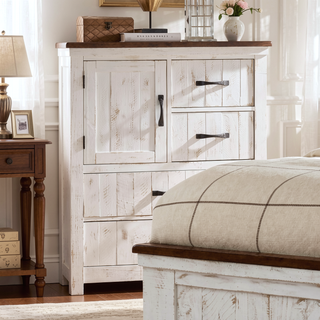 Sunvega Modern Transitional Chest with Metal Drawer Handles in Distressed White and Walnut Finish