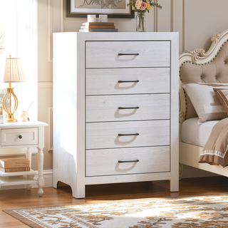 Sunvega White Finish 5 Drawer Chest with Black Nickel Pulls No Assembly Required