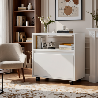 Sunvega White Nightstand with Drawer and Casters for Bedroom or Living Room