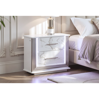 Sunvega Desire Nightstand with Marble-Inspired Drawer Fronts and Integrated LED Side Lighting