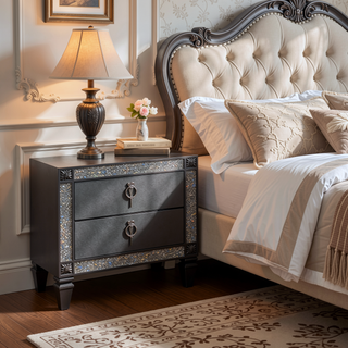Sunvega Laine Nightstand with Crystal Acrylic Trim and Two Gray Solid Wood Drawers