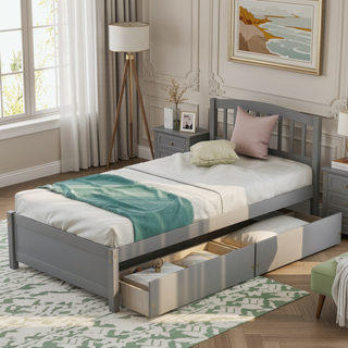 Sunvega Twin Wood Platform Storage Bed Frame with Two Drawers and Headboard