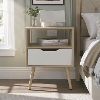 Sunvega Modern Natural Oak and White Nightstand with Drawer and Shelf