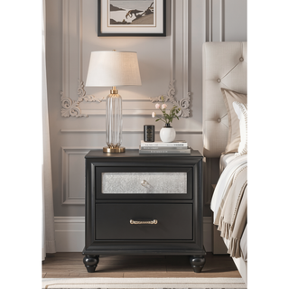 Sunvega Modern Style Black Silver Finish Wooden Nightstand with Two Storage Drawers
