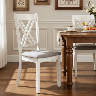 Sunvega Seven Piece Dining Set with Worn Farmhouse Finish and Light Brown Fabric Chairs