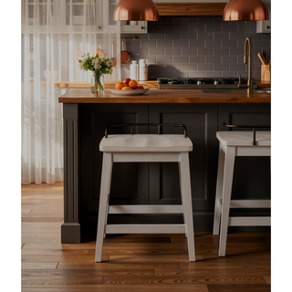 Sunvega Counter Stool with Shaped Seat and Oil-Rubbed Brass Galley Rail in Ivory