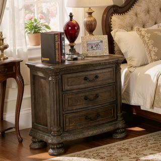 Sunvega Traditional Rustic Solid Wood Nightstand with Bronze Hanging Pulls and 3 Drawers