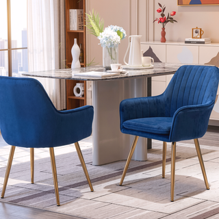 Sunvega Blue Velvet Mid-Back Dining Chairs with Gold Plated Legs for Living Room