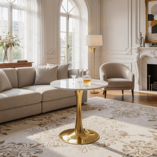 Sunvega Round White Pedestal Side Table with Marble Effect Top for Living Room
