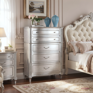 Sunvega Silver Oak 5-Drawer Chest with Hidden Felt-Lined Drawer and Sparkling Accent Panels