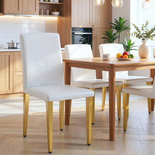 Sunvega Set of 4 White PU Leather Dining Chairs with Golden Metal Legs and Ergonomic Backrest