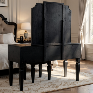 Sunvega Traditional Black Rubber Wood Vanity Set with Tri-Fold Mirror and Tufted Stool