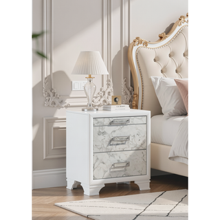 Sunvega Modern White Nightstand with Marble Accent Drawers and Silver Handles