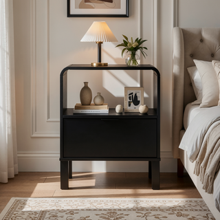 Sunvega Modern Minimalist Curved-Top Solid Pine Wood Nightstand with Drawer and Cubby