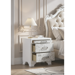 Sunvega Modern White Nightstand with Marble Accent Drawers and Silver Handles