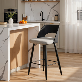Sunvega Grey Linen Look Fabric Counter Height Stool with Black Brushed Wood Back