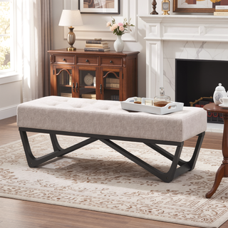 Sunvega Modern Ottoman Bench with Button-Tufted Waffle Stitch and Geometric Legs