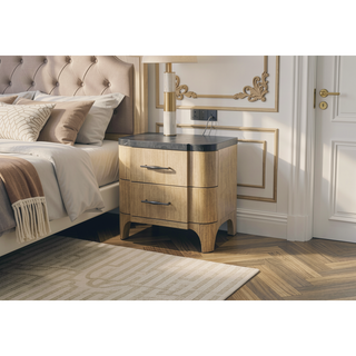 Sunvega Eucalyptus Veneer Nightstand with Stone Top and USB Charging Port
