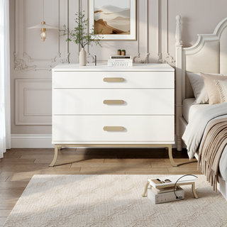 Sunvega Off-White Dresser with Gold Oval Handles and Three Tiered Storage Drawers