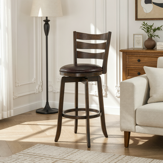 Sunvega Dark Brown Wood Swivel Bar Chair with Slat Back and Padded Seat