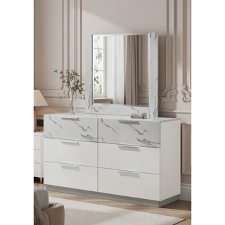 Sunvega White Lacquer Dresser with Six Smooth-Glide Drawers and Marble Accents