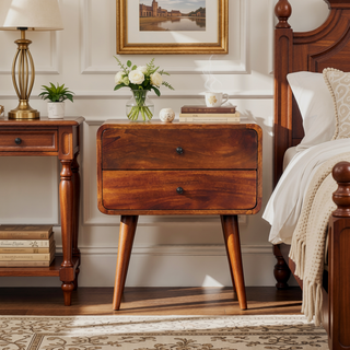 Sunvega Solid Mango Wood Chestnut Bedside Table with 2 Drawers and Nordic Legs