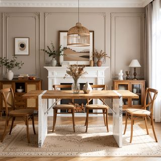 Sunvega Modern MDF Dining Table with Wood Textured Desktop and White Marble Legs