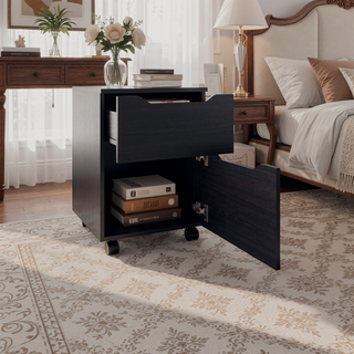 Sunvega Black Wood Modern Two-Drawer Rolling Mobile Nightstand for Bedroom