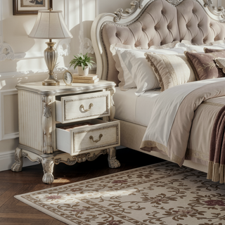 Sunvega Vintage Bone White Nightstand with Two Felt-Lined Drawers and Wooden Claw Legs