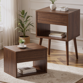 Sunvega Walnut Modern Minimalist Bedside Table Set with Storage Drawer