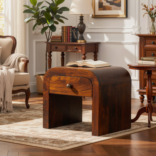 Sunvega California Walnut Mango Wood Nightstand with One Small Drawer and Brass Knob
