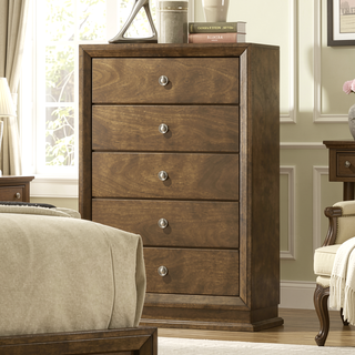 Sunvega Transitional Walnut Finish Chest with 5 English Dovetail Drawers and Metal Knobs