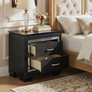 Sunvega Silver Faux Alligator Embossed Nightstand with 2 Dovetail Drawers and LED Lighting