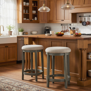 Sunvega Set of 2 Counter Height Stools with Round Polyester Seat and Gray Wood