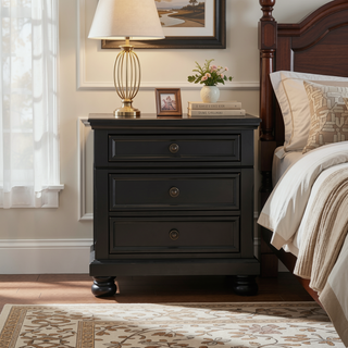 Sunvega Black Finish Wood Nightstand with 2 Dovetail Drawers and Jewelry Tray
