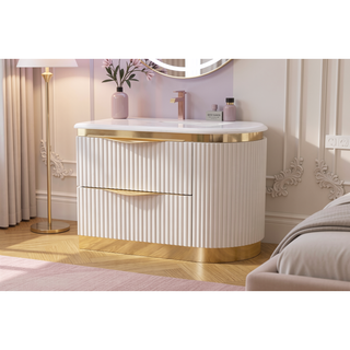 Sunvega White and Gold Lacquered 2-Drawer Nightstand with Soft-Closing Drawers