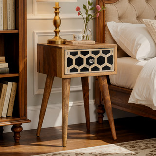 Sunvega Solid Wood Mini Bedside Table with Bone Inlay Drawer and Nordic Legs