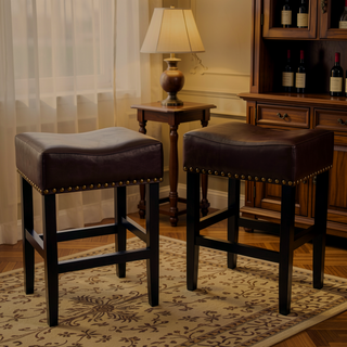 Sunvega Brown Bonded Leather Saddle Seat Backless Counter Stools Set of 2