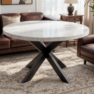 Sunvega White Marble Veneer Top Round Dining Table with Ebony Wood Frame