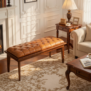 Sunvega Mid-Century Modern Tan Leather Upholstered Bench With Buttons