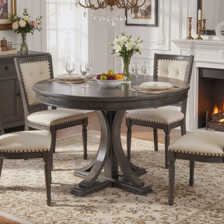 Sunvega Antique Cream Round Dining Table with Solid Wood Veneer Top