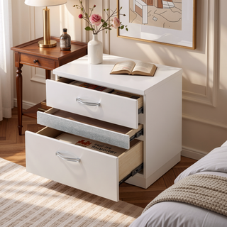 Sunvega White High Gloss Finish Modern Nightstand with 3 Drawers for Bedroom