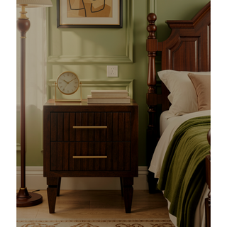 Sunvega Solid Mango Wood Nightstand with 2 Fluted Drawers and Brass Handles